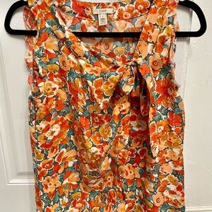 J. Crew 100% Silk Orange & Green Floral Sleeveless Wrap Blouse (Size 4)